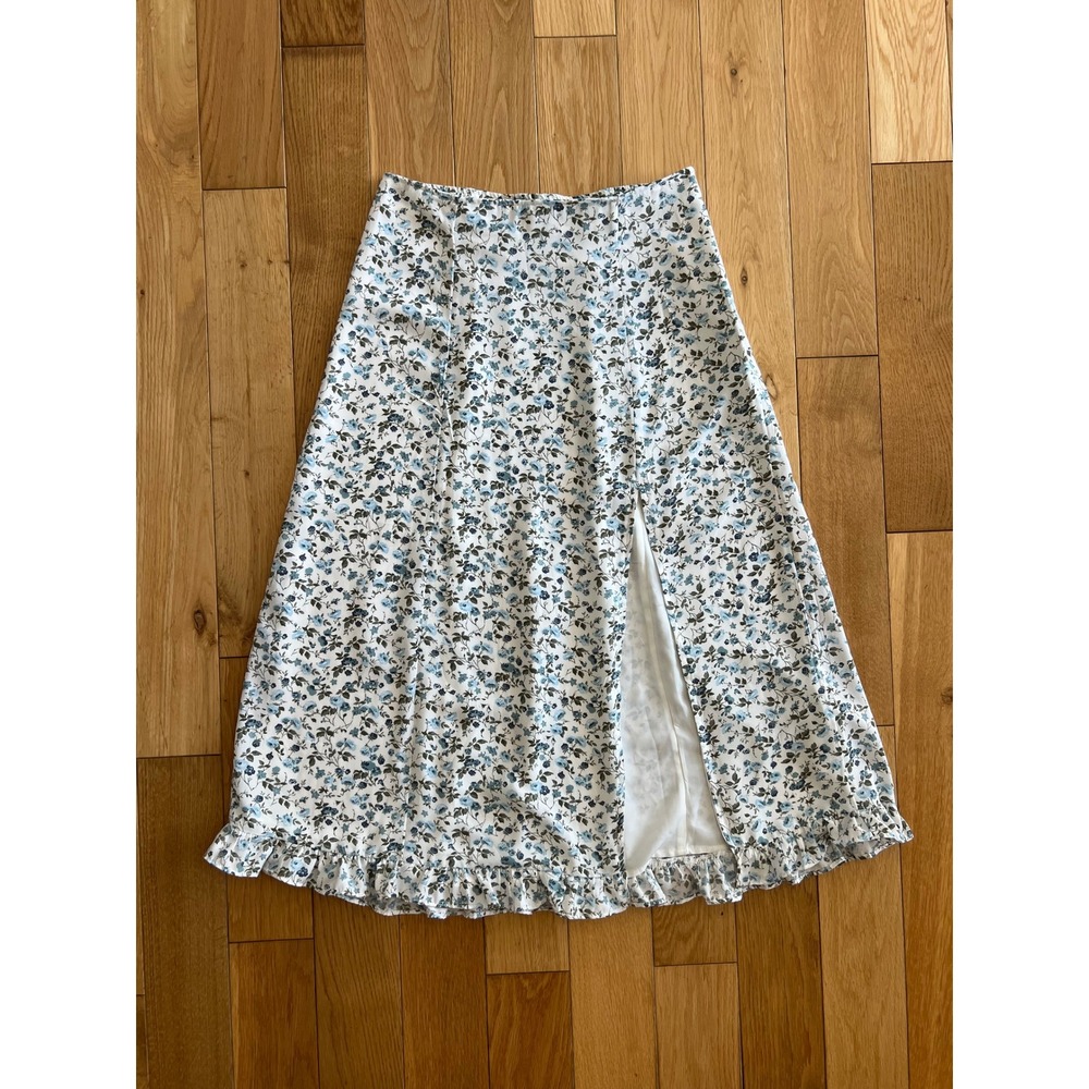 Abercrombie & Fitch Floral Midi Skirt Slit Ruffle Hem A Line White Blue Size S